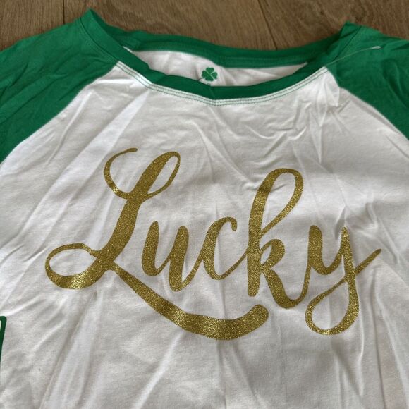 Lucky Glitter Women's Baseball Long Sleeve Tee Green White‎ Small St. Patrick's - Picture 2 of 8
